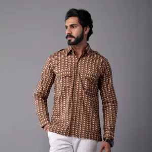 Men's Sanganeri Walnut Brown Hunting Styled Printed Shirt | Artistic Outdoor Wear